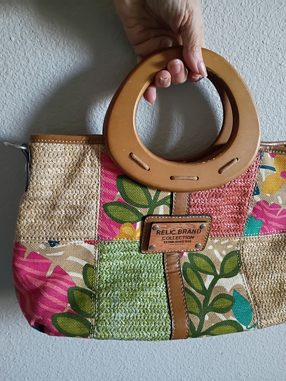 Relic Multi-Color Patchwork Floral Tote with Tan Circular Handles